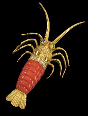 A brilliant and coral rock lobster brooch - Gioielli