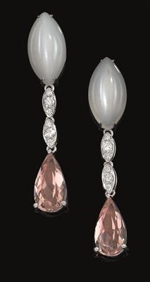 A pair of morganite and moonstone ear stud pendants - Klenoty