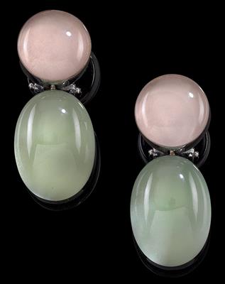 A pair of prasiolite and rose quartz pendant ear clips - Klenoty