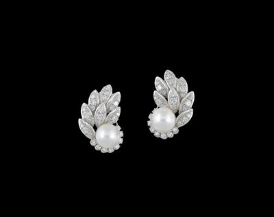 A pair of diamond and cultured pearl ear clips - Jewellery
