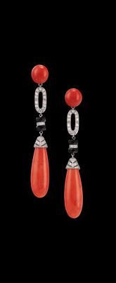 A Pair of Brilliant and Coral Ear Stud Pendants - Jewellery