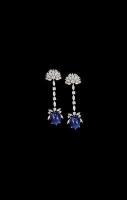 A Pair of Diamond Pendant Ear Clips with Untreated Sapphire Cabochons, Total Weight c. 15 ct - Jewellery