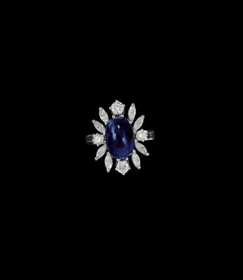 A Diamond Ring with Untreated Sapphire Cabochon c. 4.80 ct - Klenoty