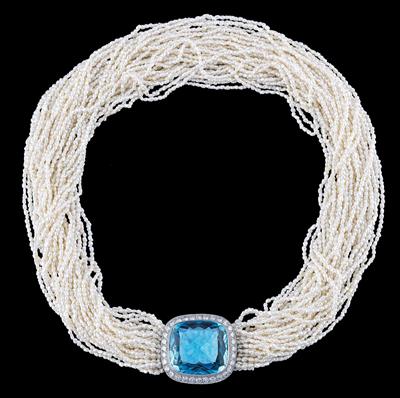 An Aquamarine c. 54 ct on Cultured Pearl Necklace - Klenoty