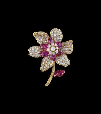 A Diamond and Ruby Floral Brooch - Jewellery