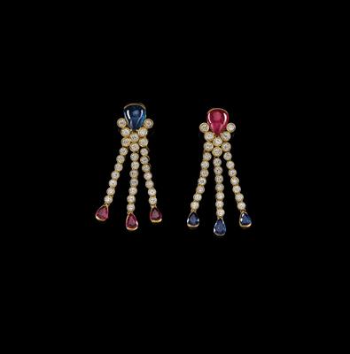 Brillant Rubin Saphir Ohrclipgehänge - Juwelen