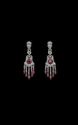 A Pair of Diamond and Ruby Ear Clip Pendants - Jewellery
