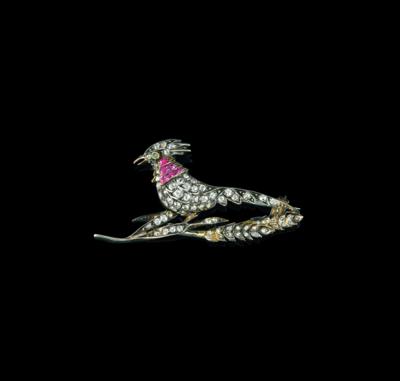 An Old-Cut Diamond and Coloured Stone Pheasant Brooch - Klenoty