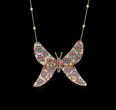 A Brilliant and Coloured Stone Butterfly Necklace - Juwelen