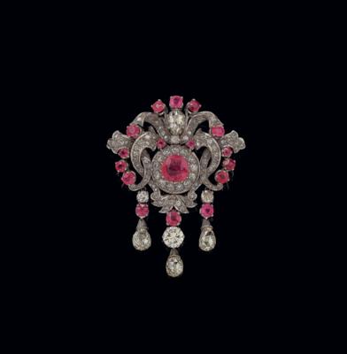 A diamond brooch with untreated rubies, total weight c. 5.80 ct - Exkluzivní šperky