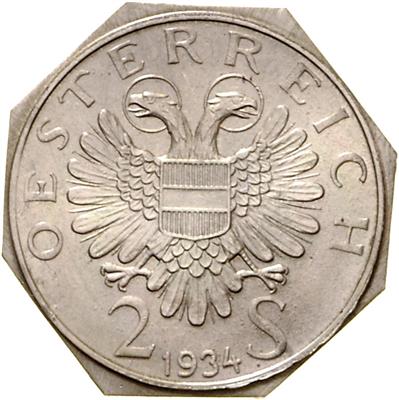 einseitige achteckige SN Probe der Wertseite zu 2 Schilling 1934, =5,12 g=, (zaponiert) II/I - Münzen, Medaillen und Papiergeld