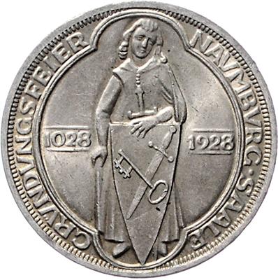 3 Reichsmark 1928 A. Naumburg a. d. Saale, 900 Jahre Stadt. Jaeger 333. =14,88 g= (unger., kl. Rf.) II - Münzen und Medaillen