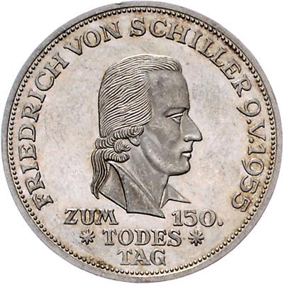 5 Deutsche Mark 1955 F. Schiller, 150. Todestag. Jaeger 389. =11,24 g= (unger.) II+/II- - Münzen und Medaillen