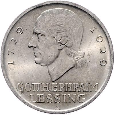 (3 Stk.) 3 RM 1929 A. und 5 RM 1929 A. Lessing, 200 Geburtstag. Jaeger 335 (1x) 336 (2x). (ungereinigt) II - Monete e medaglie