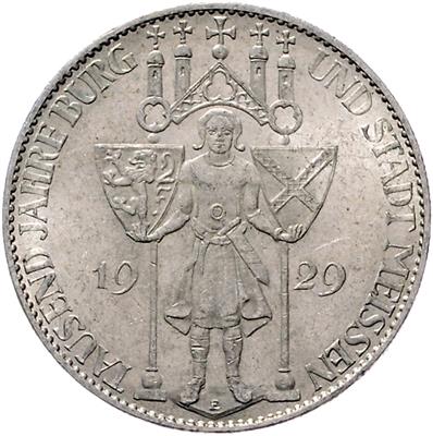 (4 Stk.) 3 RM 1929 E und 5 RM 1929 E. Meißen, Stadt und Burg 1000 Jahre. Jaeger 338 (3x) 339 (1x). (ungereinigt) II - Monete e medaglie