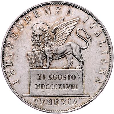 5 Lire 1848 V, Venedig, Her. 9, =25,07 g=, (kl. Kr.) III+ - Münzen, Medaillen und Papiergeld