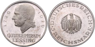 5 Reichsmark 1929 F. 200. Geburtstag Gotthold Ephraim Lessings. J. 336. =24,92 g leichte Tönung= PP - Coins