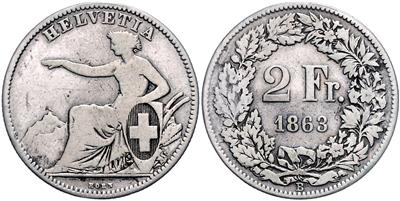 2 Franken 1863. IV/IV+ - Coins