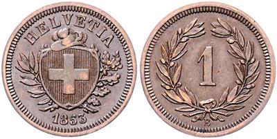 1 Rappen 1853 B, Bern. Schmales Kreuz. Divo/Tobler 326; =1,56 g,  sehr selten= (Kr., Schläge) III - Coins, medals and paper money