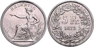 5 Franken 1873 B, Bern. Divo/Tobler 296; =24,77 g= (Kr., Schläge, berieben) III- - Monete, medaglie e cartamoneta