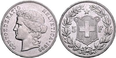 5 Franken 1895 B, Bern. Divo/Tobler 297; =24,89 g= (Kr., Schläge, berieben) IV+ - Mince, medaile a papírové peníze