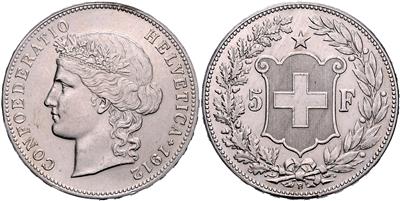 5 Franken 1912 B, Bern. Divo/Tobler 297; =24,94 g,  Auflage nur 11400 Stk.= (kl. Kr., berieben) III - Coins, medals and paper money