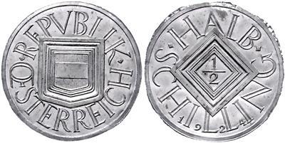 einseitige Zinnabschläge der Avers- und Reversseite des 1/2Schilling 1924; =je ca. 0,5 g, - Münzen, Medaillen und Papiergeld
