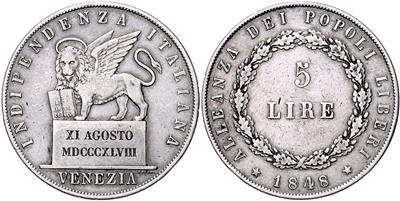 5 Lire 1848 V, Venedig. Her. 9; =24,72 g= (Kr., Schläge, Rf.) IV+ - Mince