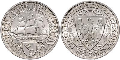 (4 St.) Jahrtausendfeier Rheinlande: 3 RM 1925 D, J. 321. und 5 RM 1925 F. J.322; III - Monete e medaglie