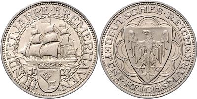 5 RM 1927 A, 100 Jahre Bremerhaven - Münzen und Medaillen