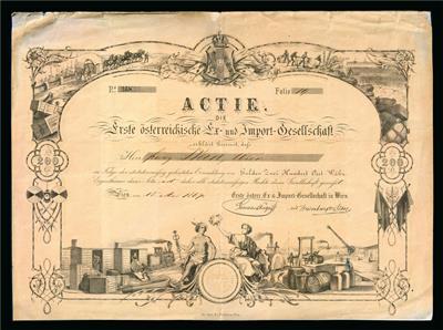 Erste österreichische Ex- und Import- Gesellschaft Aktie über 200 Gulden vom 15. Mai 1867 - Monete e medaglie