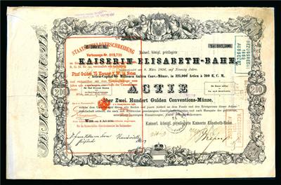 k. k. priv. Kaiserin Elisabeth Bahn Aktie über 200 Gulden vom 1. Juli 1856 - Mince a medaile