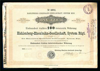 Kahlenberg Eisenbahn Gesellschaft Systhem Rigi Aktie über 100 Gulden vom 14. April 1873 - Mince a medaile