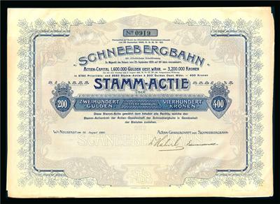 Schneebergbahn Aktie über 200 Gulden oder 400 Kronen vom 24. August 1898 - Coins and medals