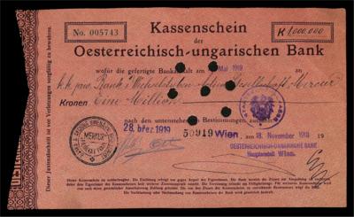 Kassenschein der Oesterreichisch-ungarischen Bank über 1 Million Kronen 1918 - Münzen und Medaillen