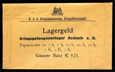 Lagergeld Aschach a. d. Dungeöffneter Originalumschlag des K. u. K. KriegsministeriumsKriegsfürsorgeamt - Monete e medaglie