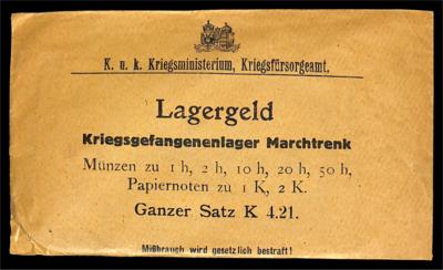 Lagergeld Marchtrenkungeöffneter Originalumschlag des K. u. K. KriegsministeriumsKriegsfürsorgeamt - Monete e medaglie