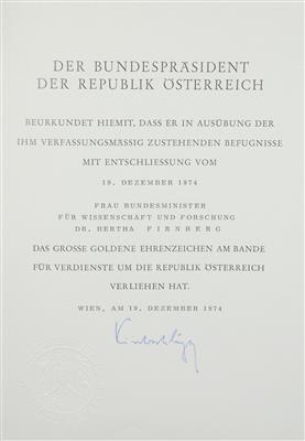 Urkunde zum Großen Goldenen EZ am Bande der Republik Österreich, - Orden und Auszeichnungen