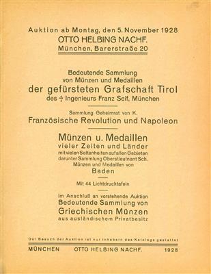 Auktionen Otto Helbing Nachf.05.09.1928 u. a. Slg. Franz Seif, Gefürstete Grafschaft Tirol - Monete