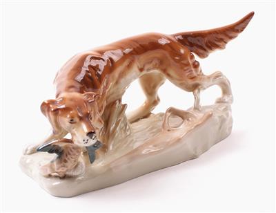 Jagdhund mit Beute, böhmische Keramik, Marke Royal Dux, - Schmuck, Kunst & Antiquitäten