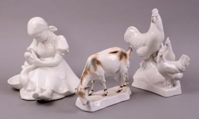 Hahn mit Hennen/Gänserupfen/ Hausziege, ungarisches Porzellan, Marke Zsolnay/Pecs - Porcelán, sklo a keramika