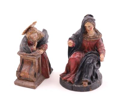2 barocke Holzskulpturen "Gottesmutter Maria", - Jewellery, antiques and art