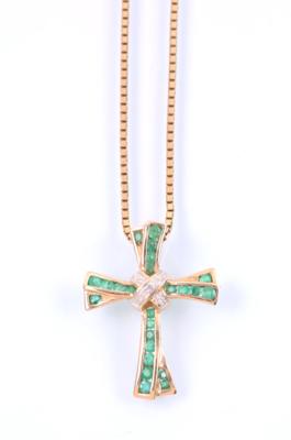 Diamant/Smaragd-Kreuz an Venezianerhalskette - Schmuck, Kunst & Antiquitäten