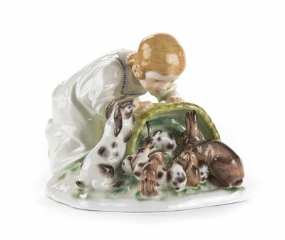 Mädchen mit Kaninchen, Meissen, Entwurf Max Bochmann 1908 - Umění, starožitnosti a šperky