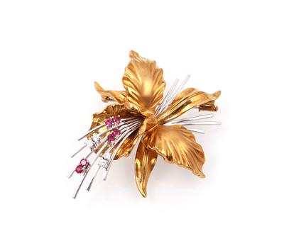 Brillant Rubin Blütenbrosche - Umění, starožitnosti a šperky
