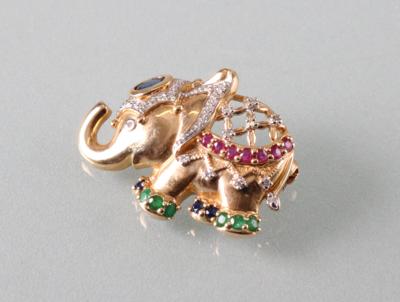 Diamant Rubin Smaragd Saphirbrosche "Elefant" - Antiques, art and jewellery
