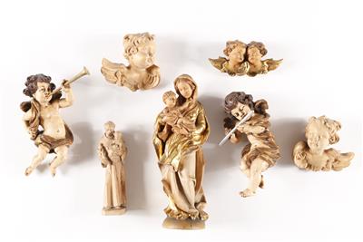 2 musizierende Engel, 2 Skulpturen "Madonna mit Kind", "Hl. Antonius", 1 Paar Engelsköpfe, 1 Engeldoppelkopf - Antiques, art and jewellery