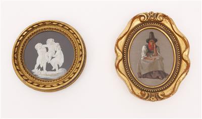 2 Miniaturen "Dame in Tracht, Putti" um 1900 - Umění, starožitnosti, šperky