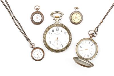 5 Taschenuhren, unter anderem Doxa, 2 Uhrketten - Umění, starožitnosti, šperky
