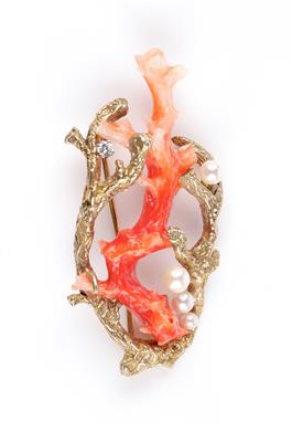 Brillant Korallenast Kulturperlenbrosche - Jewellery